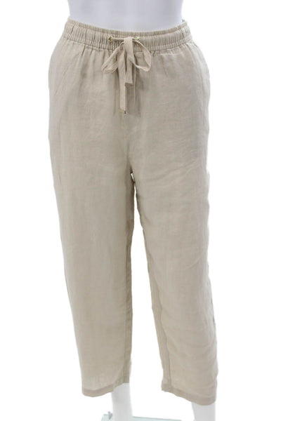 MNG Womens Cropped Linen Pants Beige Drawstring Inseam 25 Size M