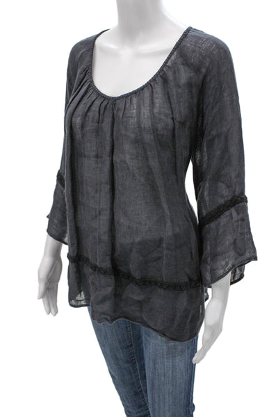 Calypso Saint Barth Women Linen Scoop Neck Tunic Blouse Gray 3/4 Sleeve Size S