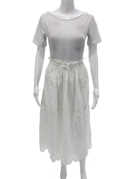 Zara Women A-Line Floral Cotton Long Skirt Drawstring White Size XS