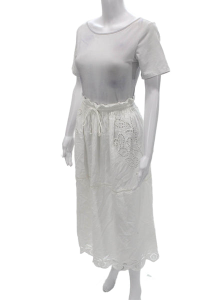 Zara Women A-Line Floral Cotton Long Skirt Drawstring White Size XS