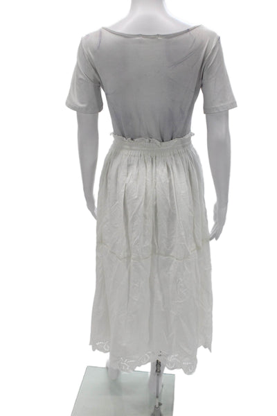 Zara Women A-Line Floral Cotton Long Skirt Drawstring White Size XS