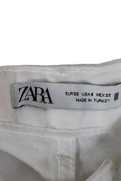 Zara Women Wide-Leg Jeans High Waist White 100% Cotton Button Size 4