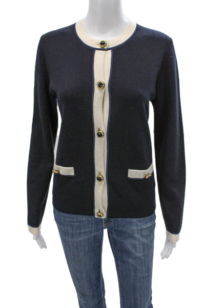Escada Women Cardigan Blue 100% Virgin Wool Round Neck Long Sleeve Size M