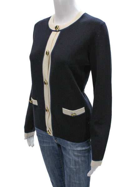Escada Women Cardigan Blue 100% Virgin Wool Round Neck Long Sleeve Size M