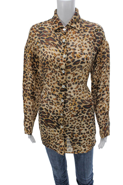 Vitamin A Women Tunic Button-Up Linen Animal Print Collared Long Sleeve Size S