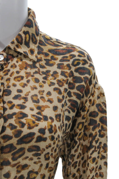 Vitamin A Women Tunic Button-Up Linen Animal Print Collared Long Sleeve Size S