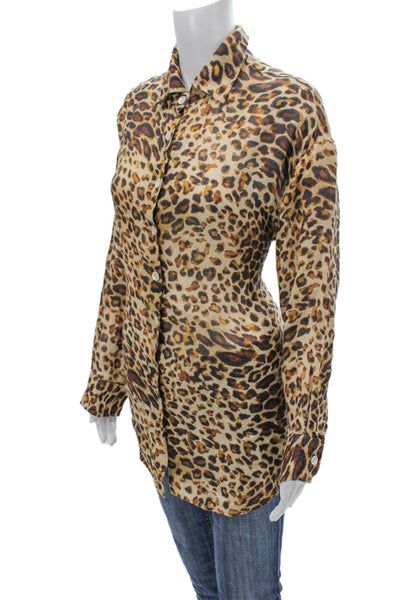 Vitamin A Women Tunic Button-Up Linen Animal Print Collared Long Sleeve Size S