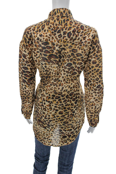 Vitamin A Women Tunic Button-Up Linen Animal Print Collared Long Sleeve Size S
