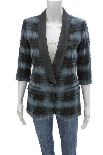 Smythe Women Blue Wool Plaid Blazer Button 3/4 Sleeve Size 4