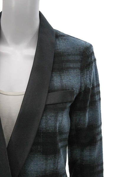 Smythe Women Blue Wool Plaid Blazer Button 3/4 Sleeve Size 4