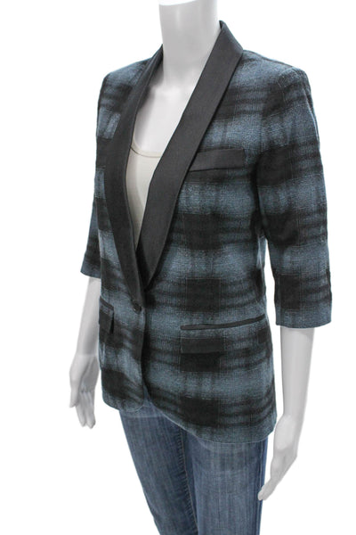 Smythe Women Blue Wool Plaid Blazer Button 3/4 Sleeve Size 4