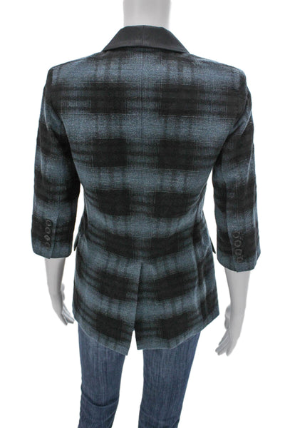 Smythe Women Blue Wool Plaid Blazer Button 3/4 Sleeve Size 4