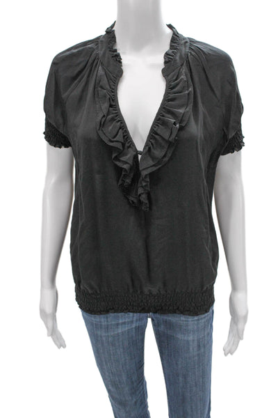 Joie Womens Silk V-Neck Short Sleeve Basic Blouse Black Size S