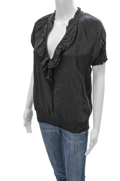 Joie Womens Silk V-Neck Short Sleeve Basic Blouse Black Size S