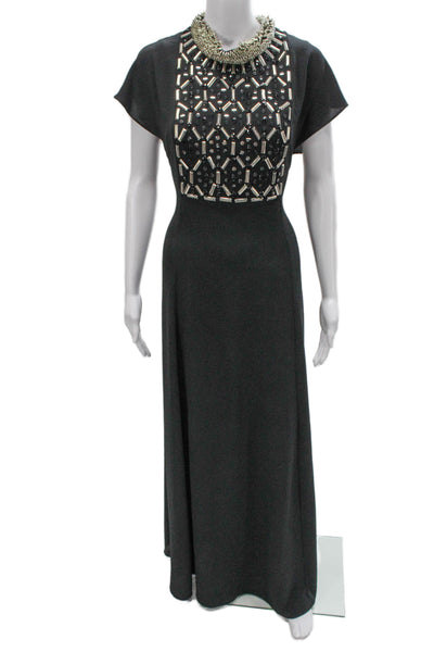 St. John Women Maxi Dress Gray Polyester Round Neck Short Sleeve Size 0