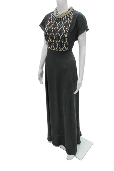 St. John Women Maxi Dress Gray Polyester Round Neck Short Sleeve Size 0