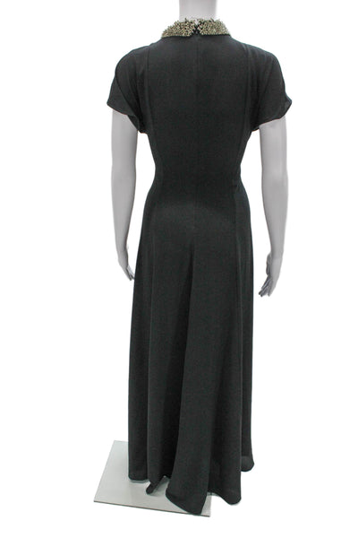 St. John Women Maxi Dress Gray Polyester Round Neck Short Sleeve Size 0