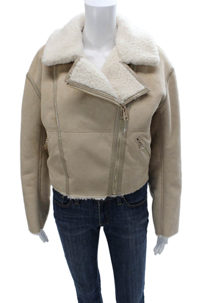 Cami NYC Womens Biker Faux Shearling Zip Jacket Beige Size XS