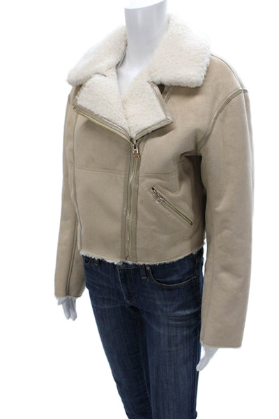 Cami NYC Womens Biker Faux Shearling Zip Jacket Beige Size XS