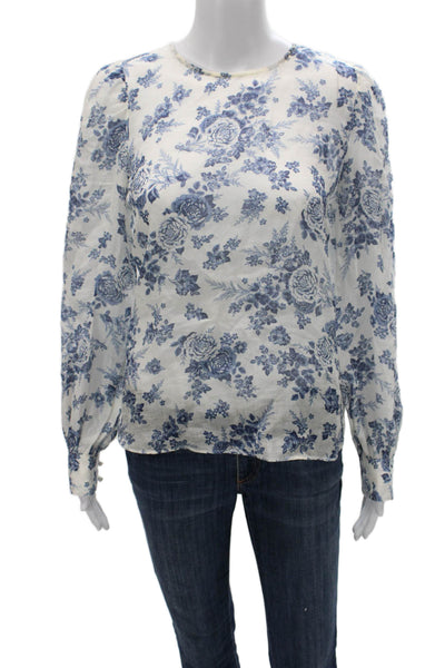 Cami NYC Womens Blue Floral Ramie Button Blouse Long Sleeve Petite Size S