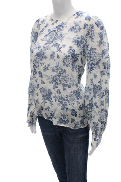 Cami NYC Womens Blue Floral Ramie Button Blouse Long Sleeve Petite Size S