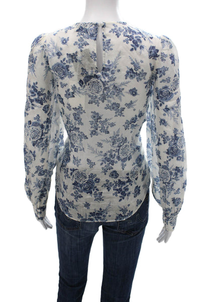 Cami NYC Womens Blue Floral Ramie Button Blouse Long Sleeve Petite Size S