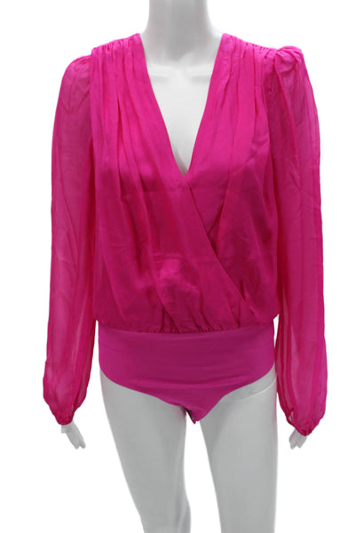 Cami NYC Women Silk V Neck One Piece Bodysuit Pink Long Sleeves Size S