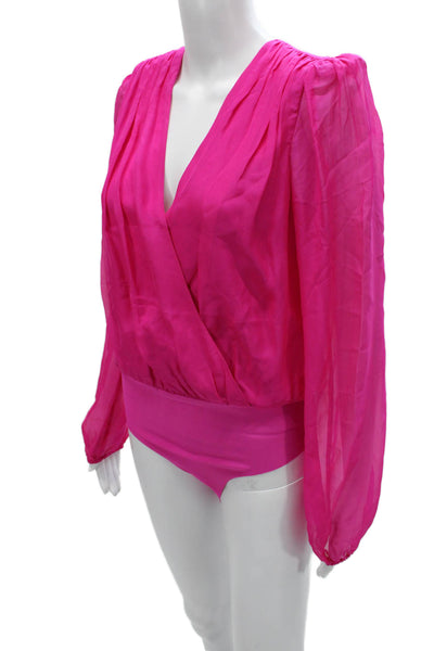 Cami NYC Women Silk V Neck One Piece Bodysuit Pink Long Sleeves Size S