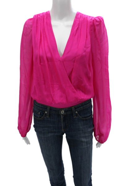 Cami NYC Women Silk V Neck One Piece Bodysuit Pink Long Sleeves Size S