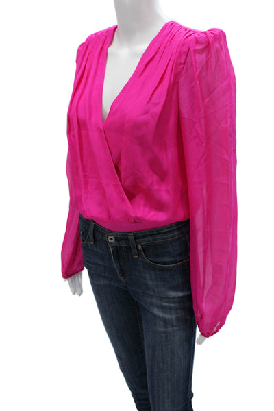 Cami NYC Women Silk V Neck One Piece Bodysuit Pink Long Sleeves Size S