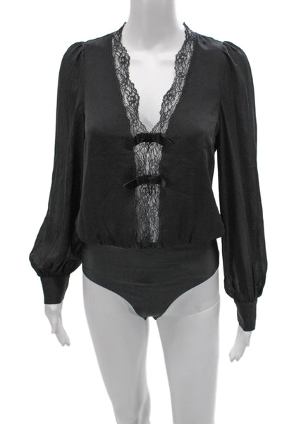Cami NYC Women Silk V Neck Long Sleeve Bodysuit Black One Piece Size XS