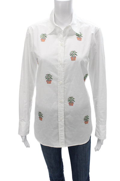 Libertine Women Long Sleeve Collared Floral Cotton Button-Up White Size S