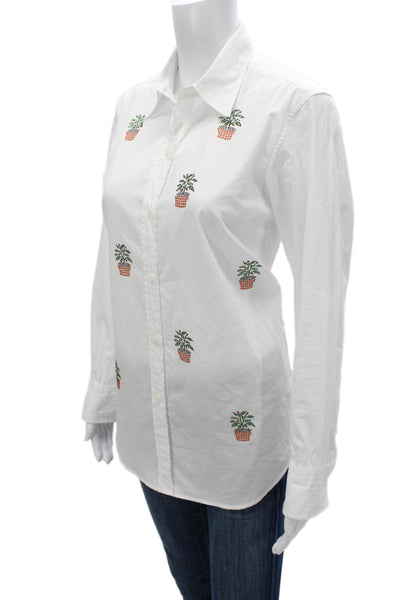 Libertine Women Long Sleeve Collared Floral Cotton Button-Up White Size S