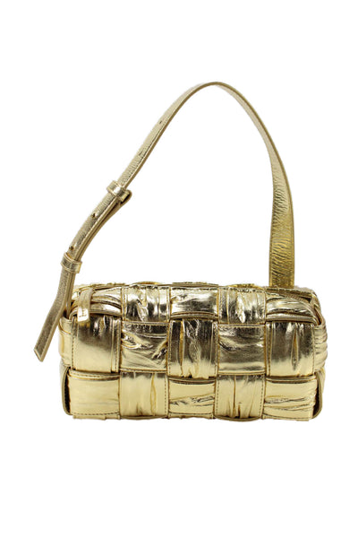 Bottega Veneta Womens Intrecciato Weave Cassette Gold Metallic Handbag