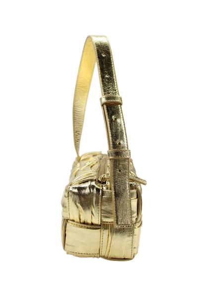 Bottega Veneta Womens Intrecciato Weave Cassette Gold Metallic Handbag