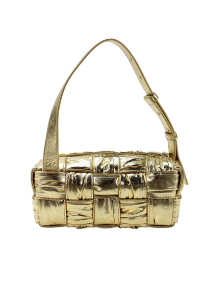 Bottega Veneta Womens Intrecciato Weave Cassette Gold Metallic Handbag