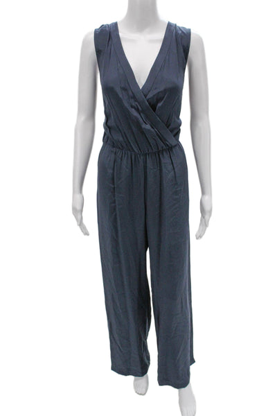 Parker Women Blue Silk V-Neck Sleeveless Jumpsuit Button Closure Size S