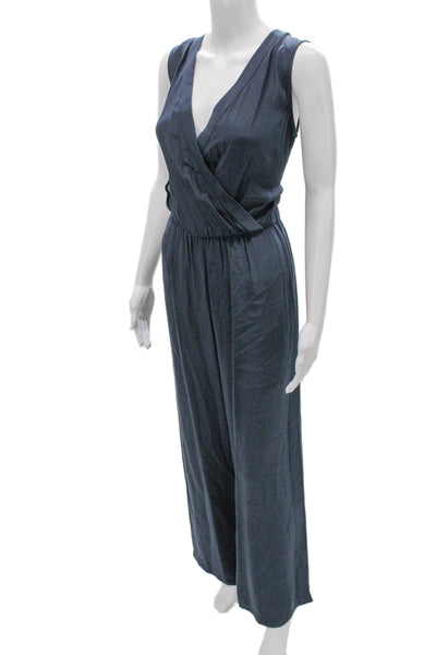 Parker Women Blue Silk V-Neck Sleeveless Jumpsuit Button Closure Size S