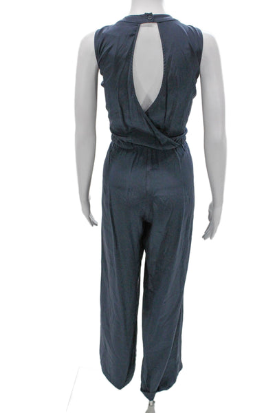 Parker Women Blue Silk V-Neck Sleeveless Jumpsuit Button Closure Size S