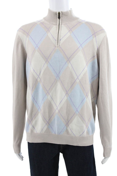 Brooks Brothers Mens Pullover Sweater Mock Neck Argyle Beige Cotton Size XL