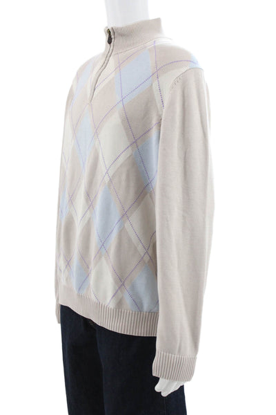 Brooks Brothers Mens Pullover Sweater Mock Neck Argyle Beige Cotton Size XL