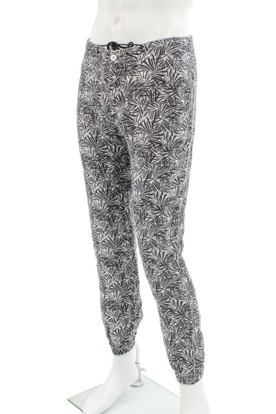 Zara Mens Jogger Pants Black Linen Floral Leaf Drawstring Size 36