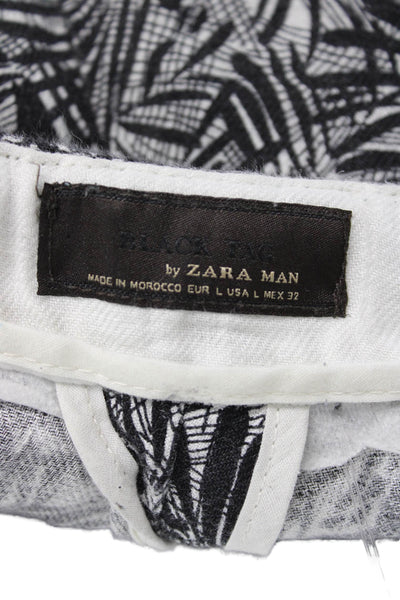 Zara Mens Jogger Pants Black Linen Floral Leaf Drawstring Size 36