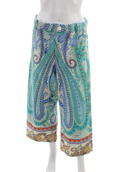 Zara Women Cropped Paisley Cotton Pants Blue Button Size M