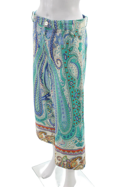 Zara Women Cropped Paisley Cotton Pants Blue Button Size M