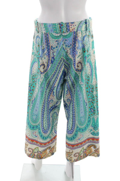 Zara Women Cropped Paisley Cotton Pants Blue Button Size M