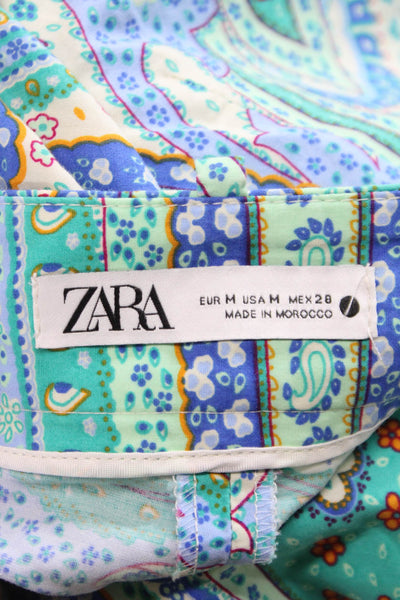 Zara Women Cropped Paisley Cotton Pants Blue Button Size M