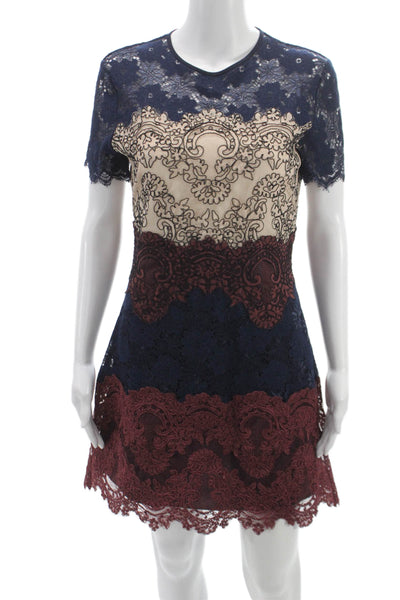 Sandro Womens A-Line Lace Colorblock Short Sleeve Round Neck Zip Dress Size 3