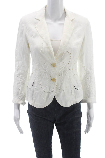120% Lino Womens White Floral Linen Basic Jacket Button 3/4 Sleeve Size S
