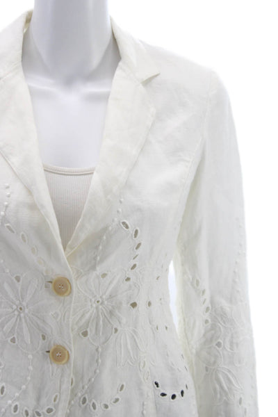 120% Lino Womens White Floral Linen Basic Jacket Button 3/4 Sleeve Size S